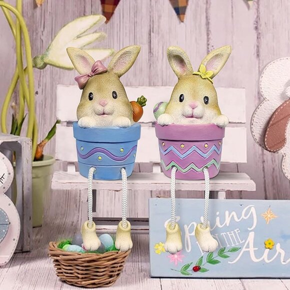 NEW Set of 2 Resin Pot Bunny Shelf Sitters with Dangling Legs - Picture 7 of 8